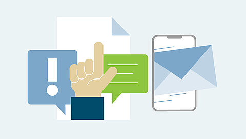 Illustratie een hand die zijn vinger opsteekt, notificatieballonnen, document en een smartphone met een e-mailpictogram.